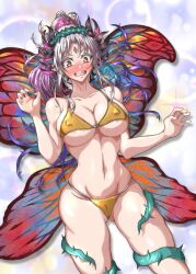 1girls alternate_costume ass_visible_through_thighs bare_arms bare_midriff bare_shoulders bare_thighs bikini blush breasts collarbone confusion covered_nipples embarrassed fairy fairy_wings female female_only fire_emblem fire_emblem_heroes gold_bikini gold_swimsuit grey_hair heavy_blush large_breasts long_hair looking_down midriff multicolored_hair nintendo open_mouth partially_visible_vulva plumeria_(fire_emblem) pointy_ears ponytail red_eyes revealing_clothes shoulders sideboob solo swimsuit thighs underboob very_long_hair violet_migu18 wings yellow_bikini yellow_swimsuit