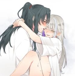 2boys archer_(fate/samurai_remnant) arms_around_neck blush carrying carrying_person fate/samurai_remnant fate_(series) green_hair grey_hair high_ponytail keclpshvli licking lifting_person long_hair male_focus multicolored_hair multiple_boys partially_undressed ponytail sex shirt streaked_hair sweat tassel tongue tongue_out white_background white_hair white_shirt yaoi yellow_eyes zheng_chenggong_(fate)