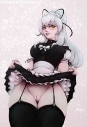 1girls impracticalart light-skinned_female maid maid_uniform pussy_juice_drip skirt skirt_lift solo thighhighs wet_pussy white_hair