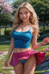 ai_generated blonde_hair female haley_(stardew_valley) jsmithaguy outdoors panties skirt_lift smile stardew_valley tank_top