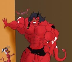 1boy 1girls abs barely_clothed black_lipstick demon demon_girl demon_horns demon_tail extreme_muscles femboy flaccid gorossy_(artist) helluva_boss horny huge_abs huge_ass huge_biceps huge_muscles huge_pecs hyper_muscles millie_(helluva_boss) mini_giantess monster_boy monster_girl moxxie_(helluva_boss) muscular muscular_ass muscular_female muscular_legs petite red_skin six_pack size_difference skinny small_penis tail thick_thighs tiny_penis torn_clothes wardrobe_malfunction white_hair wide_hips yellow_eyes