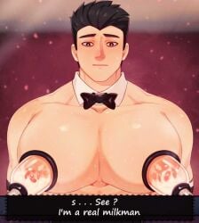 1boy animal_print bara bara_tiddies bara_tits big_breasts big_pecs black_bowtie black_hair bowtie bowtie_only busty erect_nipples francis_mosses huge_breasts huge_pecs huge_pectorals human human_only light-skinned_male light_skin looking_down male male_chest male_focus male_milking male_nipples male_only manboobs milk_squirt milking milking_breasts milking_cum milking_machine milking_machine_on_male milkman moobs muscular muscular_male nipples pecs pectorals solo solo_focus solo_male standing sweat sweating talking_to_viewer text text_box that's_not_my_neighbor