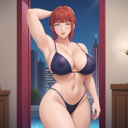 ai_generated big_breasts bikini chainsaw_man cleavage female hand_on_head makima_(chainsaw_man) mexkwigo nipples_visible_through_clothing red_hair solo standing