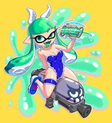 1girls bunnysuit cleavage female female_only green_eyes green_hair inkling_girl leotard minus8 nintendo parodius sexually_suggestive solo splatoon tagme tentacle_hair thigh_strap tongue_out