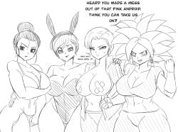 4girls abs android_18 angel_(dragon_ball) big_breasts black_and_white black_eyes black_hair bob_cut bra breasts bulma_(bunny) bulma_briefs bunnysuit chichi cleavage darwaarts dragon_ball dragon_ball_super dragon_ball_z ear_piercing ear_ring earrings english english_text hair hair_bun highres hourglass_figure jacket jacket_open kefla legendary_super_saiyan line_art long_hair milf milfs monochrome no_color panties saiyan short_hair speech_bubble super_saiyan taped_nipples voluptuous voluptuous_female