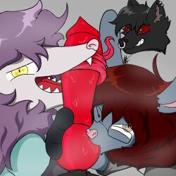 1:1 ambiguous_fluids american_opossum anthro big_penis black_body black_fur canid canine canis eyewear first_person_view fur genitals glasses group hair hi_res knot lagomorph leporid licking lyn_ventrick male male/male mammal marsupial penis piercing pp63 purple_hair rabbit red_eyes red_hair tongue tongue_on_knot trio wolf yellow_eyes