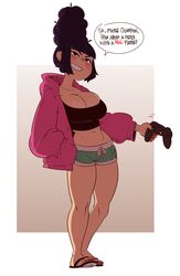 1girls asian_latina big_breasts black_hair blush breasts challenge cleavage command_grab controller english_text feet female huge_breasts latina midriff nuclearwasabi playing_videogame sandals shorts slippers smile speech_bubble video_games