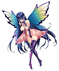 black_hair blinding_bangs breasts butterfly_wings drooling elbow_gloves fairy female gloves hair_over_eyes large_breasts long_bangs long_hair masturbation nipples open_mouth pointy_ears pussy pussy_juice saliva simple_background solo taimanin_rpgx thighhighs white_background wings zol