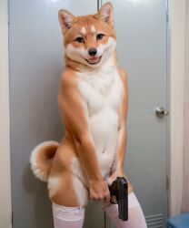 2024 ai_generated ambiguous_gender anthro canid canine domestic_dog furry glock gun gymvee hyperrealistic looking_at_viewer naked navel nude photorealism photorealistic realistic shiba_inu solo tagme tail thighhighs what