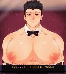 1boy animal_print bara bara_tiddies bara_tits big_breasts big_pecs black_bowtie black_hair bowtie bowtie_only busty erect_nipples francis_mosses huge_breasts huge_pecs huge_pectorals human human_only light-skinned_male light_skin looking_at_viewer male male_chest male_focus male_nipples male_only manboobs milkman moobs muscular muscular_male nipples pecs pectorals solo solo_focus solo_male standing text text_box that's_not_my_neighbor