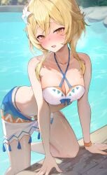 1girls 2024 2d 2d_(artwork) alternate_costume bikini bikini_bottom bikini_top blonde_hair blush bra cleavage day female female_focus female_only flowers flowers_in_hair front_view genshin_impact high_resolution highres light-skinned_female light_skin looking_at_viewer lumine_(genshin_impact) medium_breasts official_alternate_costume outdoors paitayu short_hair solo solo_female solo_focus swimsuit thong thong_bikini two_piece_swimsuit water wet_body yellow_eyes young younger_female