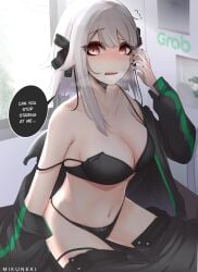 1girls absurd_res black_bra black_jacket black_pants blush bra breasts brown_eyes canine cleavage clothes_pull collarbone english_text grey_hair hi_res jacket long_hair medium_breasts mikuneki navel original pants pants_pull parted_lips product_placement solo speech_bubble strap_slip sweat sweatdrop underwear window