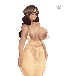 1futa areola_slip areolae big_areola breasts brown_hair bulge bulge_through_clothing clothed clothing dark-skinned_futanari dark_skin dress futa_only futanari human large_areolae long_hair looking_away mostly_clothed penis solo standing vaporr