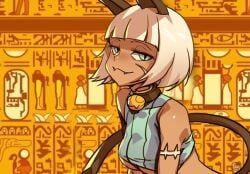 blue_eyes breasts casual cat_ears dark_skin fangs green_eyes horny_female large_breasts looking_at_viewer meme nadia_fortune seductive seductive_look skullgirls smile underboob white_hair