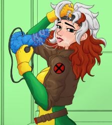 bad_dragon bad_dragon_dildo bogar clothed cum cum_in_mouth dildo female gloves green_hair holding_dildo holding_object jacket marvel orange_hair rogue_(x-men) simple_background sucking white_hair x-men x-men_97