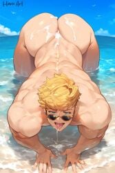 after_sex ai_generated beach blonde_hair blue_eyes cum cum_on_ass cum_on_body cum_on_tongue gay glasses granblue_fantasy haruartx male male_focus male_only muscular muscular_male solo solo_focus solo_male vane_(granblue_fantasy) yaoi