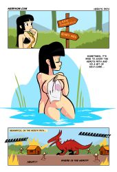 bathing black_hair censored clothing comic female human jopereira kimono nerf_now official_art outdoors pale_skin pinup towel victoire_(nerfnow) water