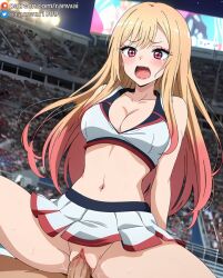 1boy 1girls ai_generated anime blonde_hair bondage cheerleader cheerleader_outfit cowgirl_position female human kitagawa_marin large_breasts male ranwai red_eyes sex sono_bisque_doll_wa_koi_wo_suru stable_diffusion vaginal_penetration vaginal_sex