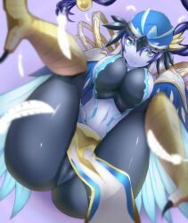 blue_skin duel_monster female harpy large_breasts lyrilusc lyrilusc_ensemblue_robin smiling tagme tagme_(artist) tight_clothing vagina_visible_through_clothing yagyuu_katsuda yu-gi-oh!