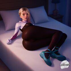 1girls ai_generated ass_focus big_ass cameltoe female female_only gwen_stacy laying_on_bed looking_at_viewer luthenai marvel solo spider-gwen spider-man:_across_the_spider-verse spider-man:_into_the_spider-verse spider-man_(series)