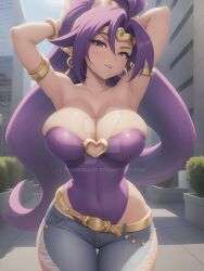 1girls ai_generated armband belt blue_eyes bracelet breasts building building_background circlet earrings hoop_earrings jeans large_breasts leotard leotard_under_clothes looking_at_viewer outside ponytail purple_hair purple_leotard shantae shantae_(character) tharrorart torn_pants