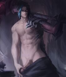 1boy azalien bich_hoan bichhoan big_muscles big_penis gay kayn league_of_legends male_only painting_(artwork) penis pulling_down_pants shirtless solo_male two_tone_hair yaoi