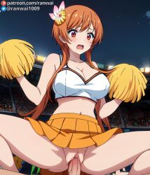 1boy 1girls ai_generated anime cheerleader cheerleader_outfit cowgirl_position female human large_breasts male nisekoi orange_eyes orange_hair ranwai sex stable_diffusion tachibana_marika vaginal_penetration vaginal_sex