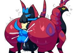 ai_generated anal anal_sex anthro anthro_on_feral anthro_penetrating_feral ass backsack balls big_balls big_butt black_body blue_body blush bodily_fluids canid cum cum_in_ass cum_inside duo erection feral fur gay generation_4_pokemon generation_5_pokemon genital_fluids genitals heart hellsonger hi_res looking_pleasured lucario male male/male male_penetrated male_penetrating male_penetrating_male mammal myriapod nintendo open_mouth orgasm penetration penis pokemon pokemon_(species) red_body scolipede sex simple_background size_difference small_dom_big_sub smaller_male sweat tongue white_background