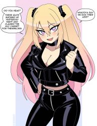 black_jacket black_jeans blonde_hair blue_eyes cleavage dialogue dyed_hair fangs heart-shaped_pupils jacket jeans leather_clothing leather_jacket leather_pants multicolored_eyes nicolasgravelqc original original_character pink_eyes pink_hair tapioca_(nicolasgravelqc) twintails