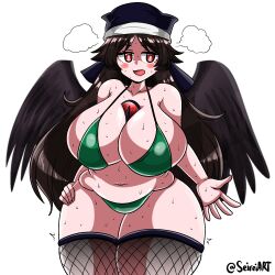 1girls big_breasts bikini black_wings breasts breasts_bigger_than_head brown_hair cheek_markings chest_eye chubby chubby_belly chubby_female female female_only fishnet_stockings fishnets green_bikini hell_raven huge_breasts large_breasts long_hair navel non-human nun_hat pale-skinned_female pale_skin red_eyes seireiart stockings sweat sweaty sweaty_body thick_thighs touhou utsuho_reiuji white_background wide_hips wings youkai