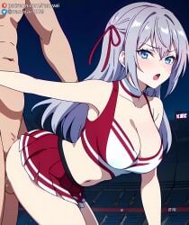 ai_generated alisa_mikhailovna_kujou anime blue_eyes cheerleader cheerleader_outfit doggy_style doggy_style large_breasts ranwai sex silver_hair stable_diffusion tokidoki_bosotto_russian_de_dereru_tonari_no_alya-san vaginal_penetration vaginal_sex