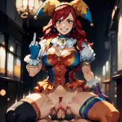 ai_generated clown_girl erza_scarlet fairy_tail finger_up gloves payop pony_diffusion_xl pussy_juice smile straddling thighhighs vaginal_penetration vaginal_sex