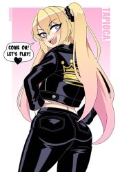 ass_focus black_jacket black_jeans blonde_hair blue_eyes cleavage dialogue dyed_hair fangs heart-shaped_pupils jacket jeans large_ass leather_clothing leather_jacket leather_pants multicolored_eyes nicolasgravelqc original original_character pink_eyes pink_hair tapioca_(nicolasgravelqc) twintails