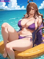 1girls ahoge ai_generated bikini bombacopta brown_eyes brown_hair grin huge_breasts kono_subarashii_sekai_ni_shukufuku_wo! mature_female ocean purple_bikini robe sitting thick thick_thighs water wiz_(konosuba)