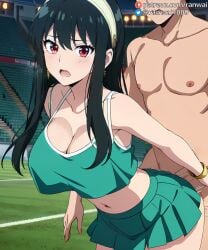 1boy 1girls ai_generated anime black_hair cheerleader cheerleader_outfit doggy_style earrings female human large_breasts male ranwai red_eyes sex sex_from_behind skirt spy_x_family stable_diffusion vaginal_penetration vaginal_sex yor_briar yor_forger