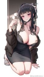 1girls black_hair bra_cups_sticking_out breast_tattoo breasts cleavage d_(killer_wife)_(nikke) d_(nikke) dress female goddess_of_victory:_nikke huge_breasts leaf98k long_hair massive_breasts naughty_face red_eyes smile thick_thighs thighs wide_hips