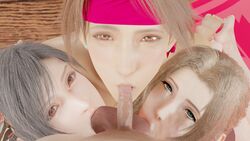 1boy 3d 3girls aerith_gainsborough cloud_strife collaborative_fellatio fellatio female final_fantasy final_fantasy_vii final_fantasy_vii_remake foursome headband jessie_rasberry looking_at_viewer male male_pov multiple_girls ponkosfm pov small_penis small_penis_adoration square_enix teamwork tifa_lockhart