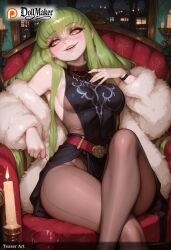 2d ai_generated bangs belt black_dress blush breasts c.c. chair code_geass dollmaker dollmaker_(artist) earrings eyebrows_visible_through_hair feather_boa female fur fur-trimmed_cape fur-trimmed_coat fur-trimmed_jacket fur-trimmed_sleeves fur_cape fur_coat fur_collar fur_scarf fur_trim green_hair indoors jewelry large_breasts long_hair looking_at_viewer pantyhose patreon_username sitting smile solo tagme watermark yellow_eyes