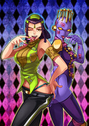 2020 2girls artist breasts diamond_background duo ermes_costello female hi_res highres human humanoid jojo's_bizarre_adventure kiss_(jjba) kiss_mark leotard looking_at_viewer panties pose purple_skin removing_pants ryuusei seductive seductive_look shounen_jump stand_(jjba) stockings stone_ocean studs