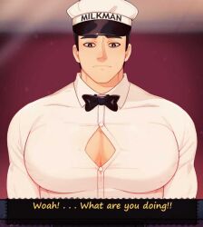 1boy bara bara_tiddies bara_tits big_breasts big_pecs black_bowtie black_hair bowtie busty clothed clothing francis_mosses hat huge_breasts huge_pecs huge_pectorals human human_only light-skinned_male light_skin male male_chest male_focus male_only manboobs milkman moobs muscular muscular_male opening_shirt pecs pectoral_bulge pectorals solo solo_focus solo_male standing text text_box that's_not_my_neighbor tight_clothing tight_shirt unbuttoning unbuttoning_shirt white_hat white_shirt