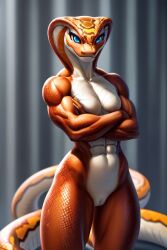 1girls abs ai_generated anthro athletic athletic_female blue_eyes cobra compact_body featureless_breasts female female_only innie_pussy long_tail looking_at_viewer muscles muscular muscular_female nude nude_female orange_body orange_scales pussy reptile scalie snake snake_hood snake_tail tucked_arms white_body white_scales