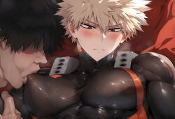 ai_generated aru_(pixiv1293902) blonde_hair blush captured_hero gay hero_outfit_(mha) katsuki_bakugou male male/male male_boobs male_focus male_only muscular muscular_male my_hero_academia nipple_play nipples pecs pecs_grab pectorals red_eyes sucking_nipples superhero superhero_costume tight_clothing yaoi