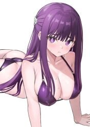 :t ass baguette_(baguettech) bikini blunt_bangs blush breasts butt_crack cleavage closed_mouth female fern_(sousou_no_frieren) highres large_breasts long_hair looking_at_viewer lying nipple_bulge on_stomach pout purple_eyes purple_hair sidelocks simple_background solo sousou_no_frieren suprakill swimsuit wet white_background