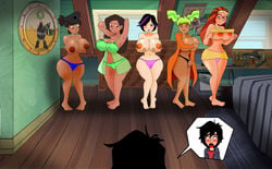 1boy 5girls asian asian_female asian_male bed bedroom big_hero_6 big_hero_6:_the_series black_hair blush brown_hair dark-skinned_female disney disney_channel female ferozyraptor gogo_tomago green_hair harem hiro_hamada honey_lemon huge_ass huge_breasts indian indian_female karmi latina lingerie male marvel marvel_comics megan_cruz multiple_girls nipples open_mouth orange_hair purple_highlights two-tone_hair wendy_wower