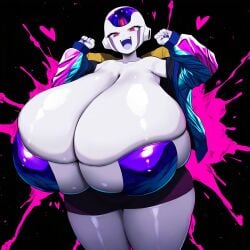 ai_generated dragon_ball_z frieza genderswap_(mtf) huge_breasts hyper_breasts jacket micro_bikini novelai rule_63 smug thick_thighs