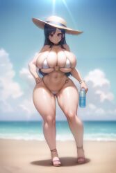 ai_generated beach beach_hat bikini bottle full_body ideal_gf large_breasts looking_at_viewer sandals tagme white