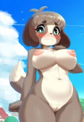 ai_generated animal_crossing blush brown_hair digby_(animal_crossing) dog_girl frown genderswap_(mtf) green_eyes large_breasts looking_at_viewer nude pussy rule_63