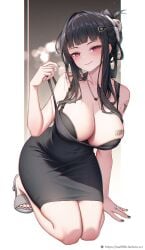 1girls black_hair bra_cups_sticking_out breast_tattoo breasts cleavage d_(killer_wife)_(nikke) d_(nikke) dress female goddess_of_victory:_nikke huge_breasts leaf98k long_hair massive_breasts naughty_face red_eyes smile thick_thighs thighs wide_hips