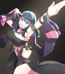 1girls absurdres alternate_costume arm_up armlet bangs bare_shoulders blue_eyes blue_hair breasts byleth_(female)_(fire_emblem) byleth_(fire_emblem) byleth_(fire_emblem)_(female) cleavage dancer dancer_(three_houses) dancing dress female female_only fire_emblem fire_emblem:_three_houses gem haruteke highres jewelry large_breasts looking_at_viewer medium_hair nintendo outstretched_arm outstretched_hand parted_lips shawl single-shoulder_dress smile solo standing