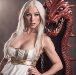 ai_generated cleavage dragon eyelashes game_of_thrones grey_eyes lips porn_star porn_star_jennifer_white red_dragon targaryen white_clothing white_hair white_hair_female white_top